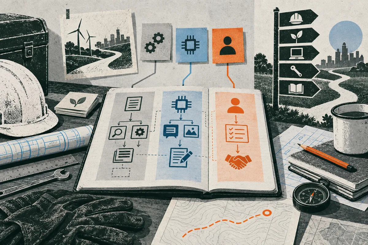Editorial illustration of an open notebook with three color-coded process diagrams, surrounded by a hard hat, work gloves, tools, maps, a compass, and a coffee cup. Wind turbines, a city skyline, and a signpost appear in the background.