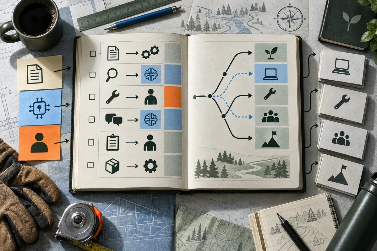 Top-down illustration of an open notebook showing task icons connected to gears, a brain, and person symbols on one page, with branching paths to plant, laptop, tool, group, and mountain-flag icons on the other. Cards, maps, a ruler, gloves, and a tape measure surround it.