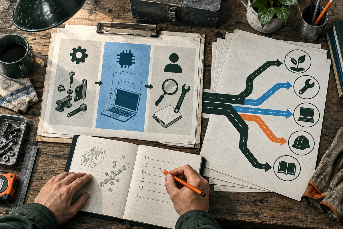 Top-down illustration of a workshop table with a clipboard showing parts, a computer chip, a laptop, and a person with a magnifying glass and wrench. Colored branching paths lead to plant, tool, laptop, hard hat, and book icons while hands write in an open notebook.