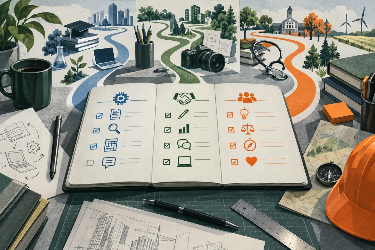 An open notebook with three columns of blue, green, and orange icons sits on a worktable among books, a laptop, camera, pencils, and drafting tools. Three winding paths lead toward a city skyline, a campus, and wind turbines.