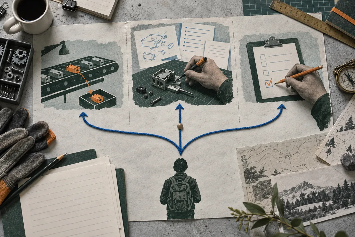 A small figure seen from behind faces three work scenes: a conveyor with a moving box, hands assembling parts, and a hand marking a checklist. Blue arrows connect the figure to each scene.