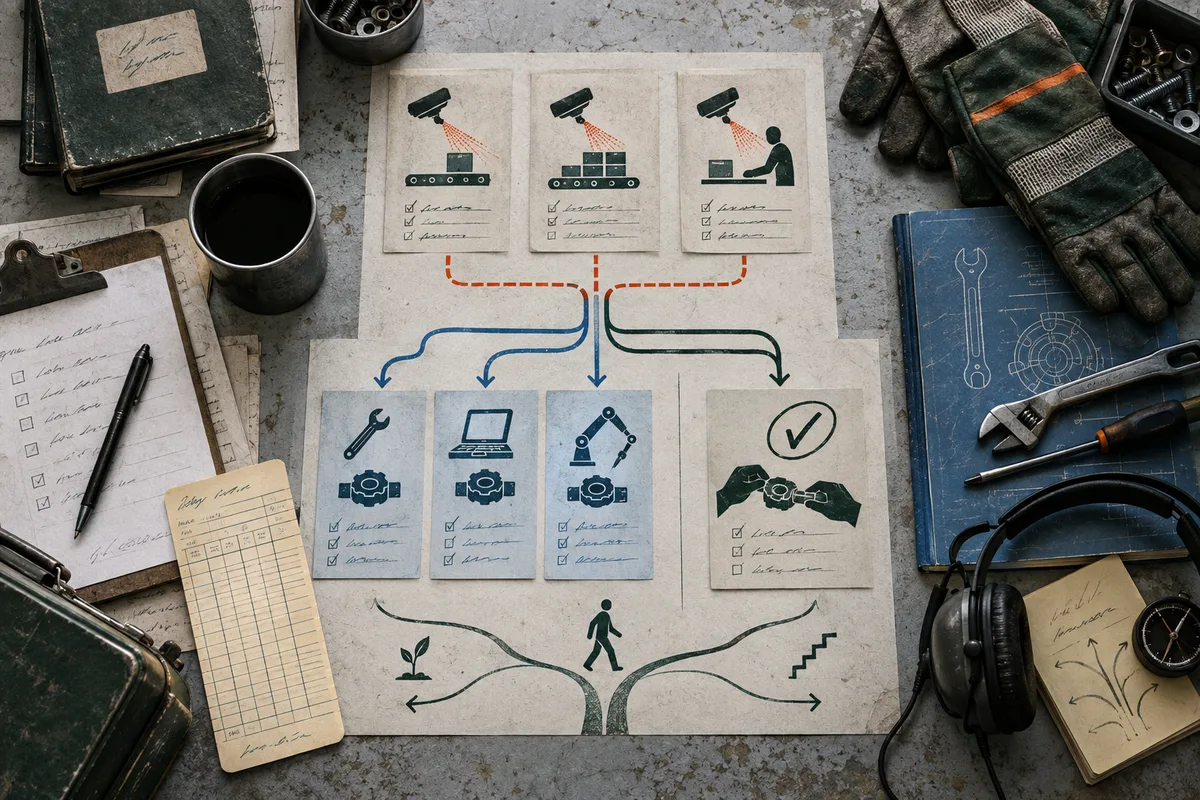 An illustrated work-flow diagram on a paper sheet, with surveillance cameras above task cards and colored arrows branching toward tools, a robot arm, hands holding a gear, and walking and growing-plant symbols. Work gloves, tools, notebooks, and a mug surround the sheet.