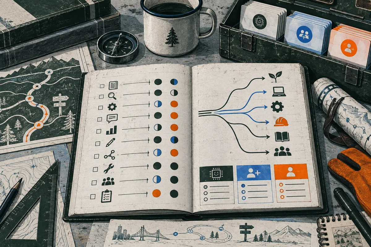 An open illustrated ledger shows task icons with green, blue, and orange markers on one page, and branching paths leading to plant, laptop, gear, hard hat, book, and people icons on the other. A compass, mug, cards, map, and pencils surround it.