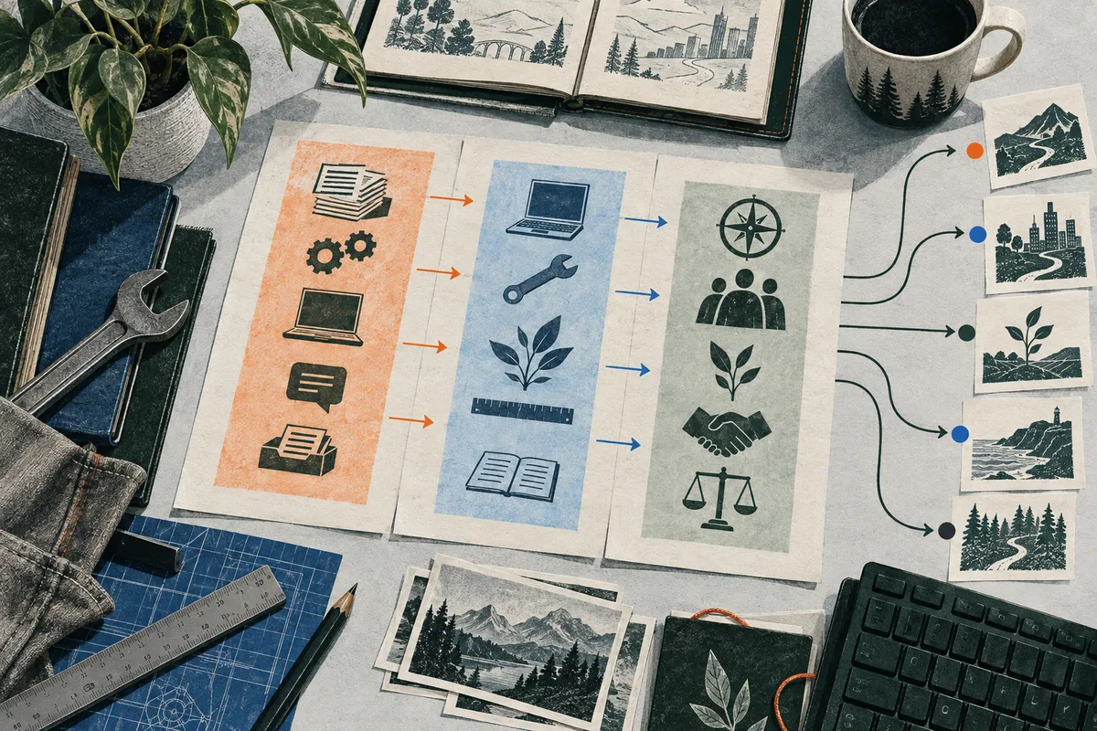 Overhead desk illustration with three columns of work symbols—documents and gears, a laptop and tools, and people with a compass—linked by arrows to landscape, city, and plant thumbnails. A notebook, mug, ruler, pencil, and keyboard surround the papers.