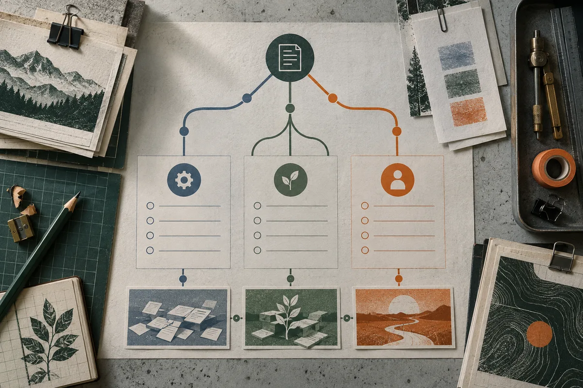 A branching diagram connects a document icon to three illustrated task lists, surrounded by pencils, papers, and drafting tools.