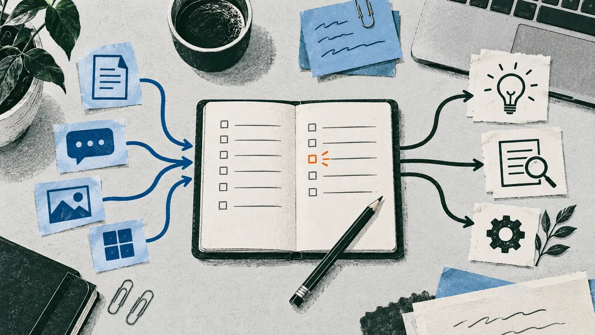 Overhead illustration of an open checklist notebook with arrows linking document, chat, image, and calendar cards to a light bulb, a magnifying glass over a page, and a gear; a pencil, coffee cup, papers, and plant surround it.