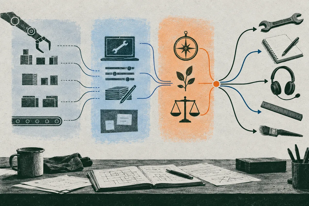 Illustrated branching diagram links rows of work icons and a laptop with a wrench to a compass, sprout, and balance scales, then to a wrench, notebook, headphones, ruler, and brush. Papers, an open book, a mug, and desk supplies sit across the foreground.