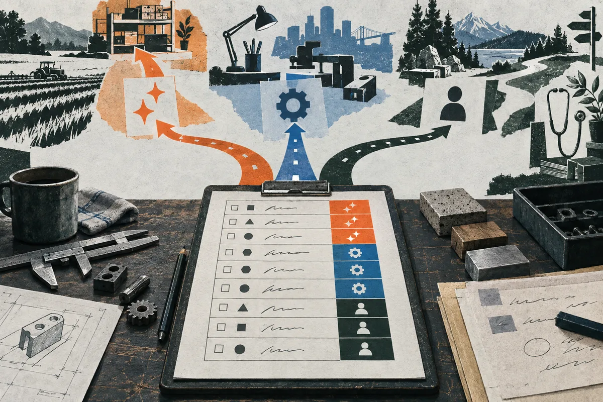 A tablet with rows of symbols sits on a workbench, while orange, blue, and dark green paths branch toward a workshop, city buildings, and a landscape. Tools, papers, a mug, and blocks surround it.