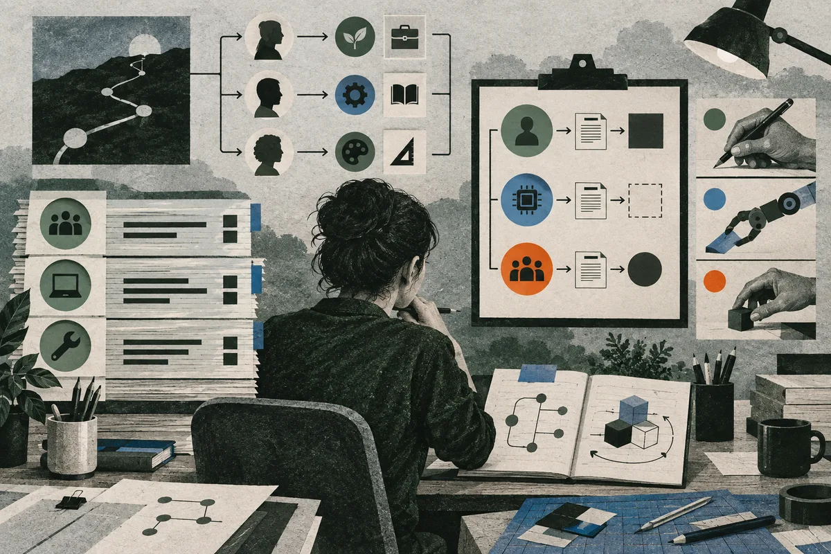 Illustration of a person seated at a desk, surrounded by papers, books, flowcharts, circular icons, and a large clipboard diagram; a desk lamp, pencils, notebooks, and a mug sit nearby.