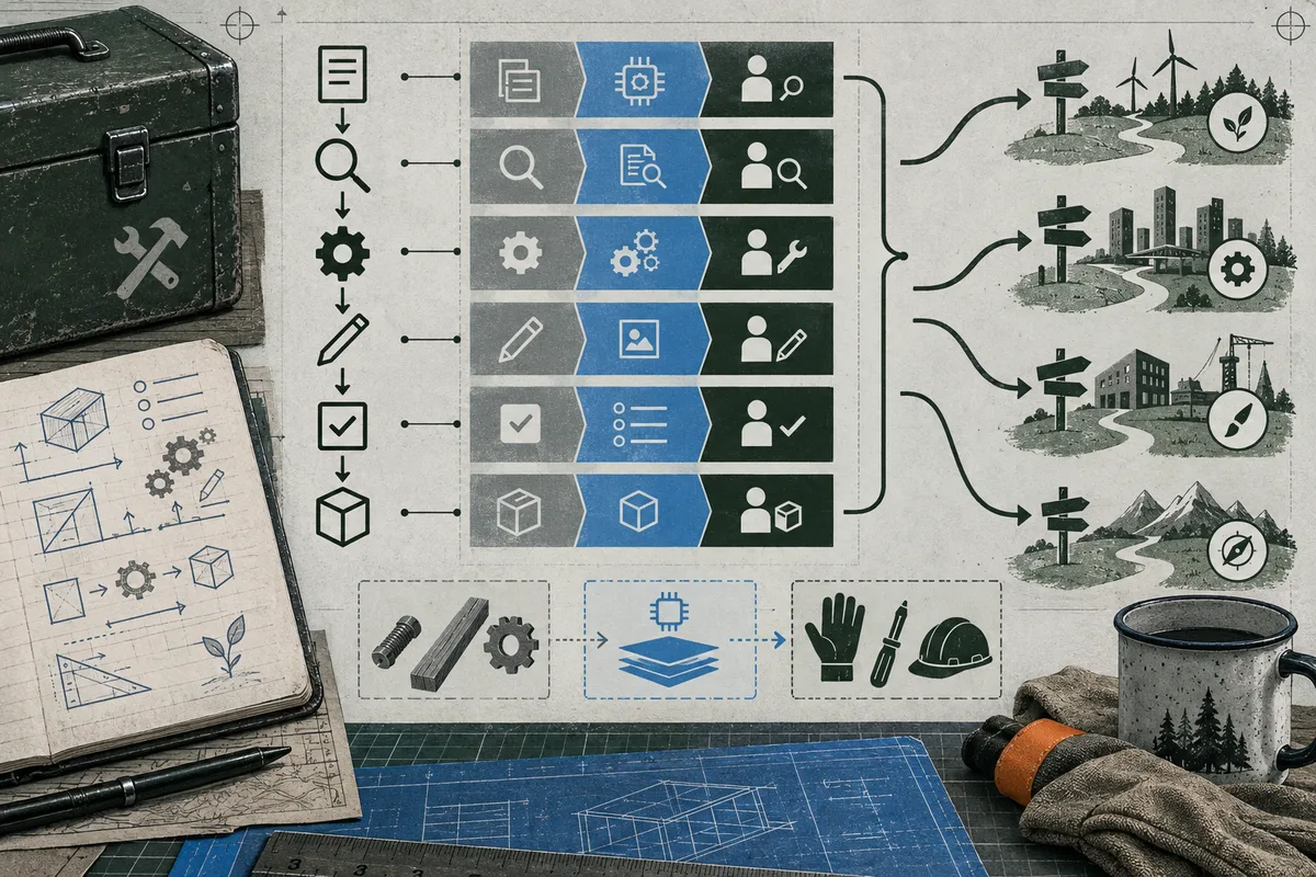 Illustrated workbench with a metal toolbox, technical notebook, blue drafting plans, tools, gloves, and a mug, alongside an icon-based flowchart leading to several illustrated landscapes.