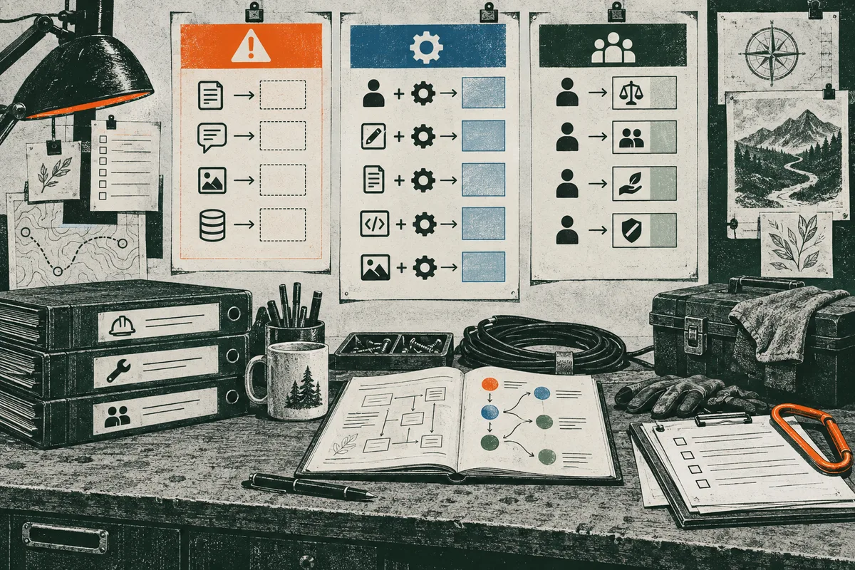 Illustrated workbench with three pinned panels of warning, gear, group, and checklist symbols, plus maps, notebooks, folders, tools, gloves, and an orange carabiner.