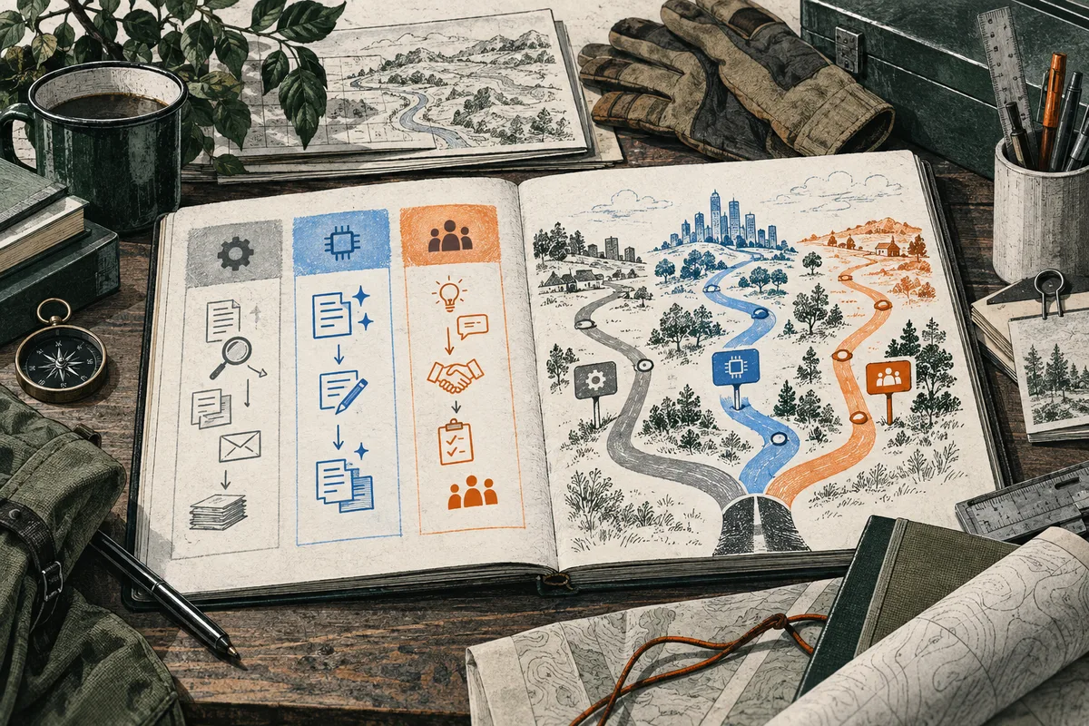 An open illustrated notebook shows three icon-based task flows and gray, blue, and orange routes branching toward a city, surrounded by maps, gloves, and drafting tools.