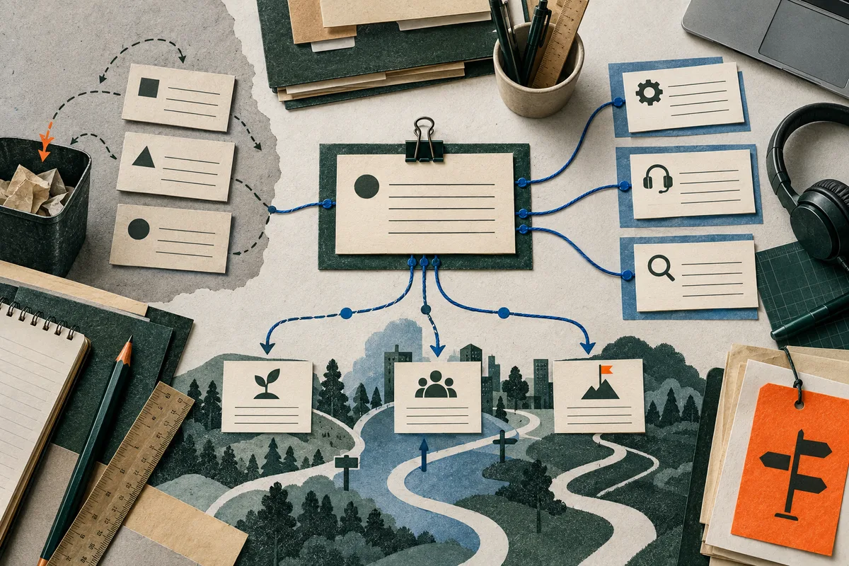 A central task card connects by blue lines to cards with gear, headset and magnifying glass icons, while paths branch across a wooded landscape below.