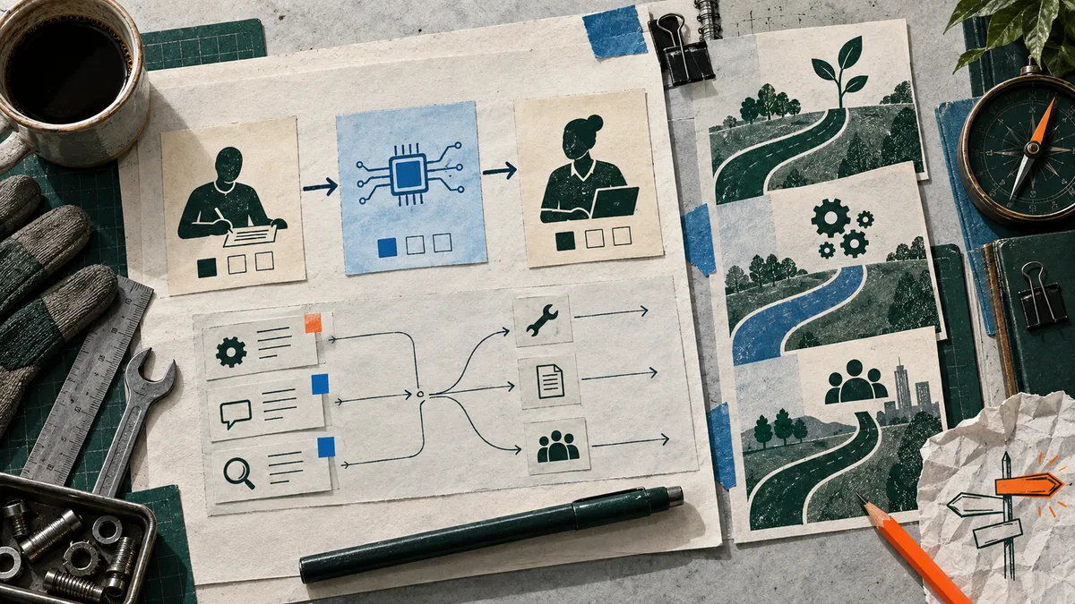 A tabletop arrangement of illustrated work cards, branching arrows, gears, tools, and winding path diagrams in dark green, blue, and orange.