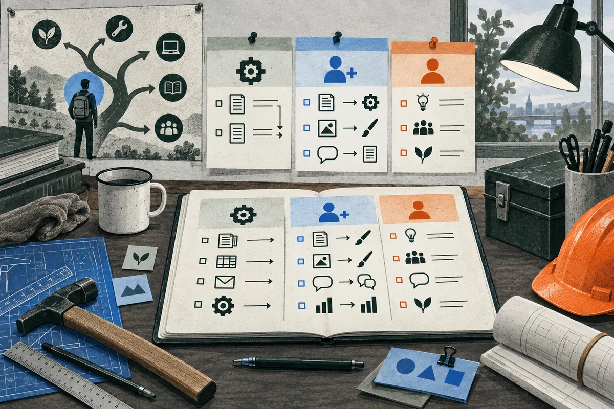 A workbench with illustrated task cards, a branching path poster, an open notebook, a hammer, blueprints, and an orange safety helmet.