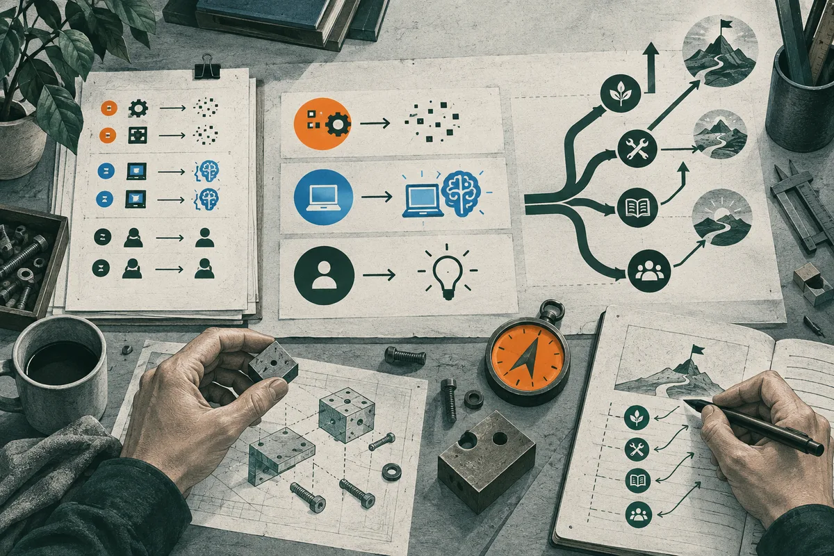 Hands arrange small metal blocks beside illustrated process cards, a compass, tools, and diagrams with branching arrows and circular icons.