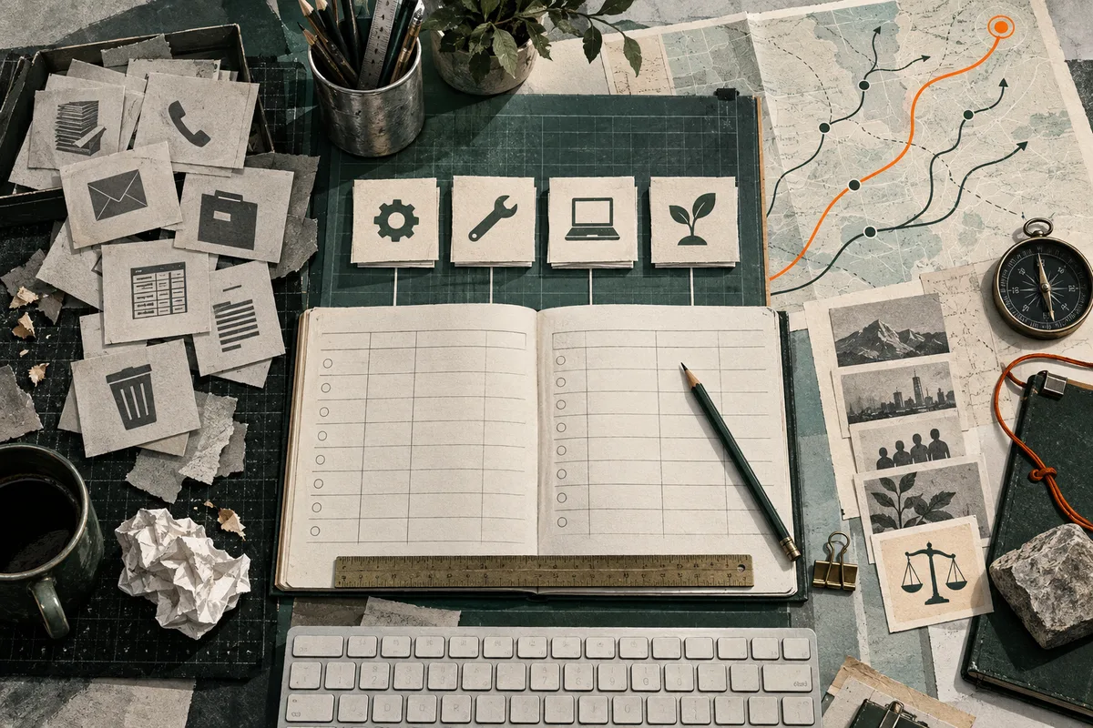 An open task ledger and pencil lie on a dark worktable among task icon cards, papers, a ruler and keyboard. A branching route map with an orange line and compass sits to the right.