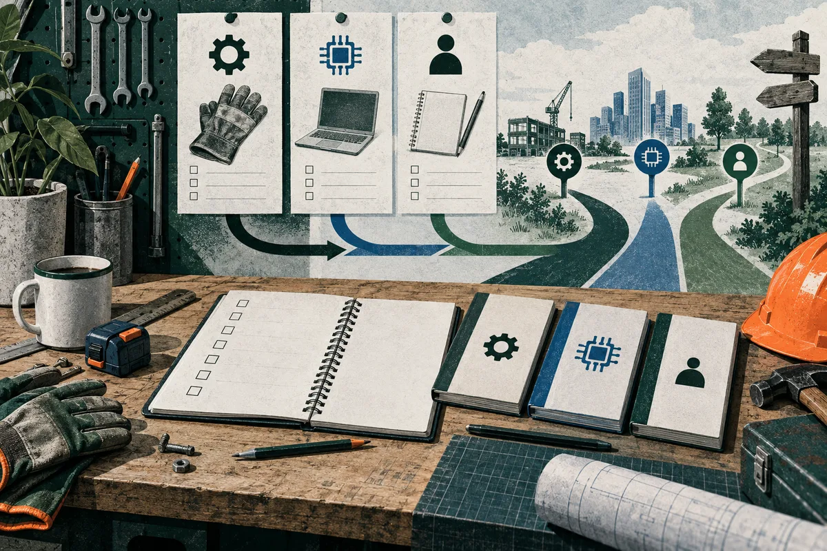 Three task cards show a gear, a computer chip and a person icon, with branching paths leading toward a city. An open checklist notebook, matching icon books, tools, a hard hat and work gloves sit on a workbench.