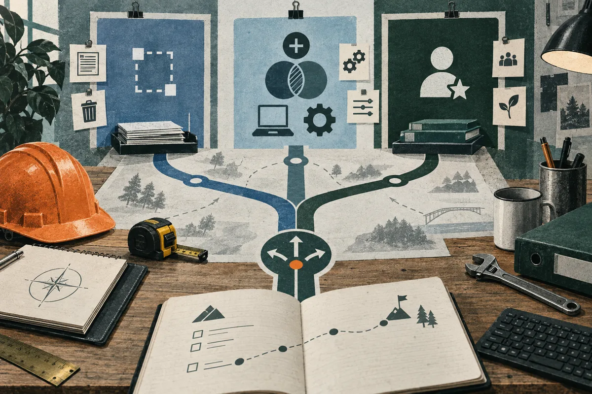 A workbench collage with an open notebook, branching paths on a map, three illustrated panels with task and work symbols, and tools including a hard hat, tape measure, wrench, and keyboard.