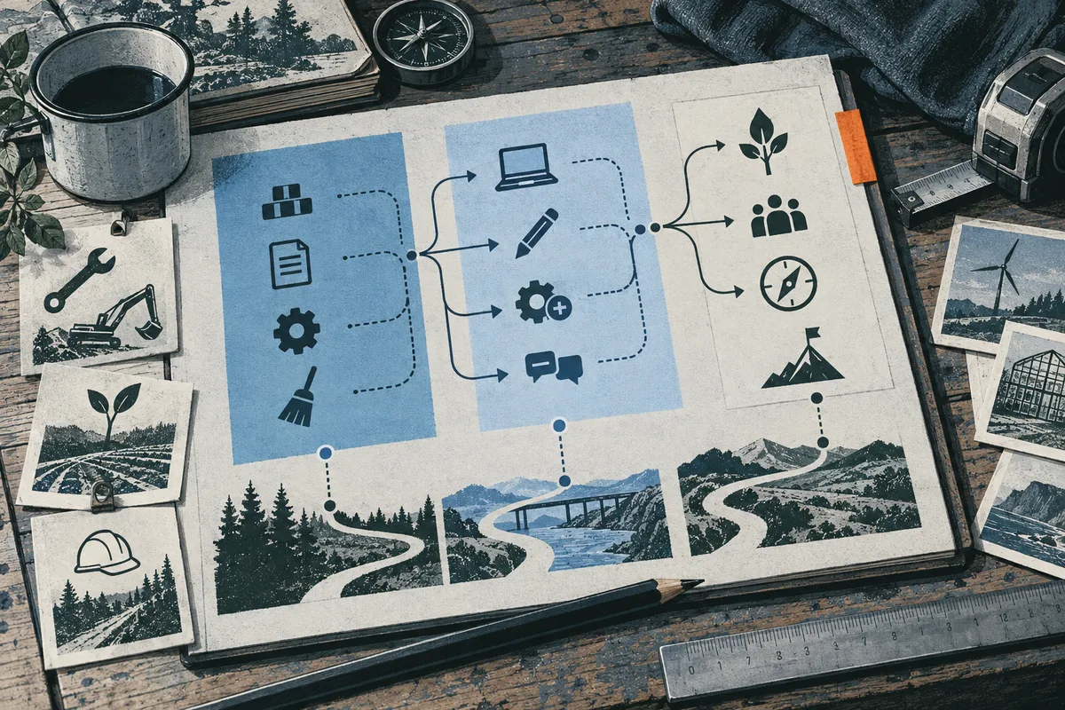 An open notebook displays a three-column flow diagram with arrows and symbols for documents, tools, a laptop, writing, gears, people, a compass, and a plant, above three illustrated landscape paths.