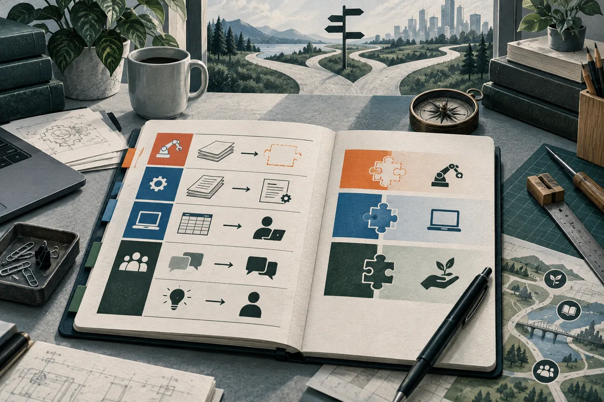 An open illustrated notebook shows rows of icons and arrows on a desk, with a branching road toward a forest and city in the background. A compass, mug, books, plant, and pencils sit nearby.