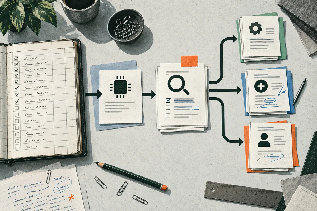 Overhead illustration of a checked task ledger leading to a processor icon and a magnifying glass over a checklist, with arrows branching toward stacked documents, an annotated page, and a profile card.