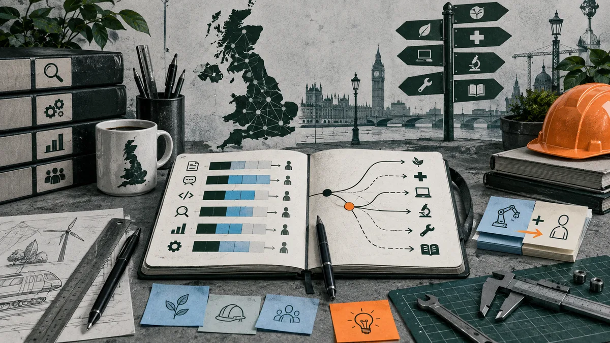 An open notebook with branching diagrams sits on a desk before a map of the UK and a London skyline, surrounded by books, a mug, pens, tools and an orange hard hat.