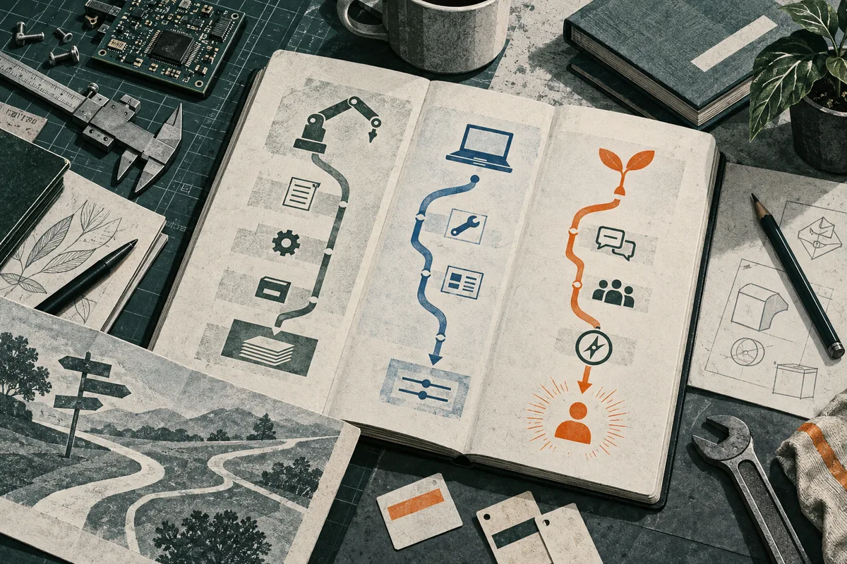An open notebook shows three illustrated work paths: a robotic arm, a laptop and a growing plant connected to different task icons, with desk tools and papers around it.