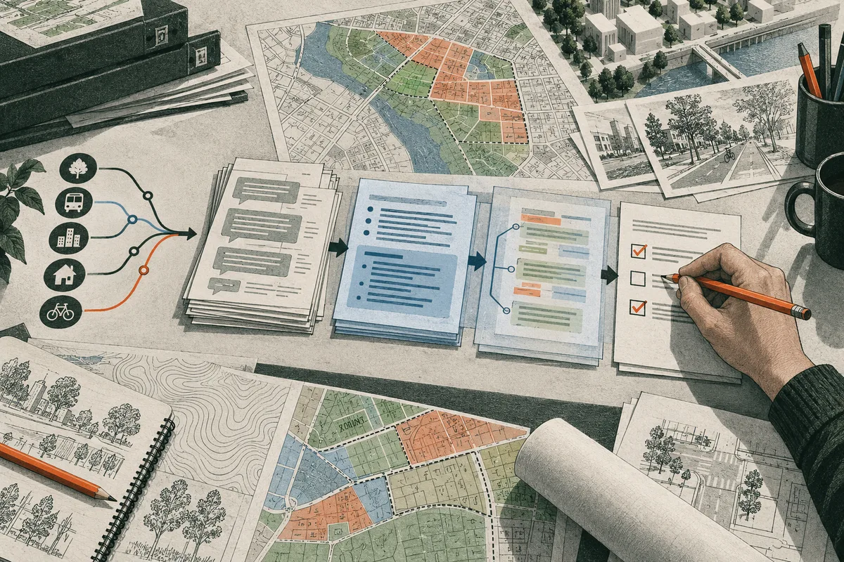 Urban maps and street sketches surround sheets of speech bubbles and flow diagrams, while a hand marks a checklist with an orange pencil.