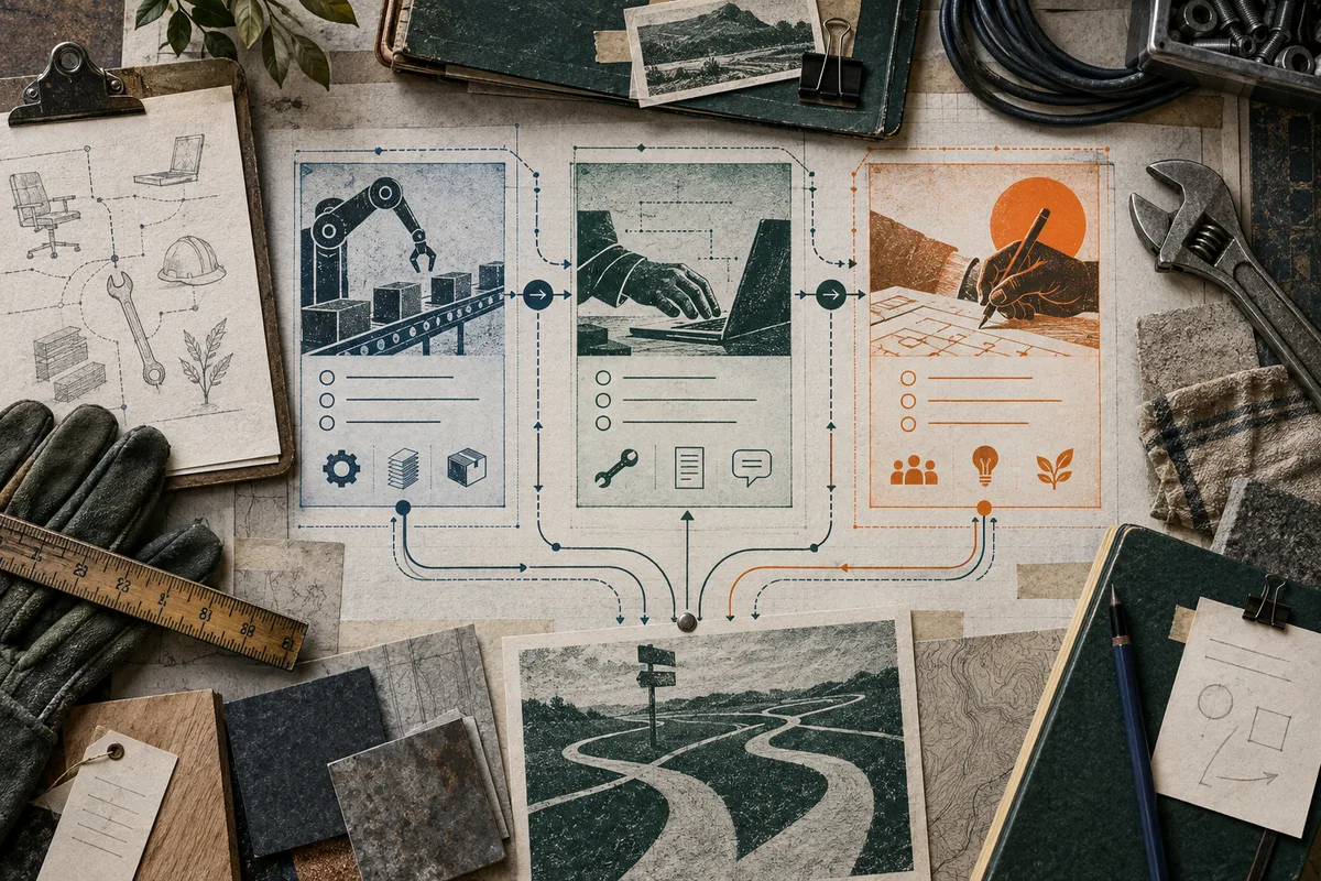 A workbench scene with three illustrated panels showing a robotic arm handling boxes, a hand using a laptop, and a hand drawing on paper. Arrows connect the panels and lead toward a branching path illustration, with tools, gloves, notebooks, and papers around the edges.