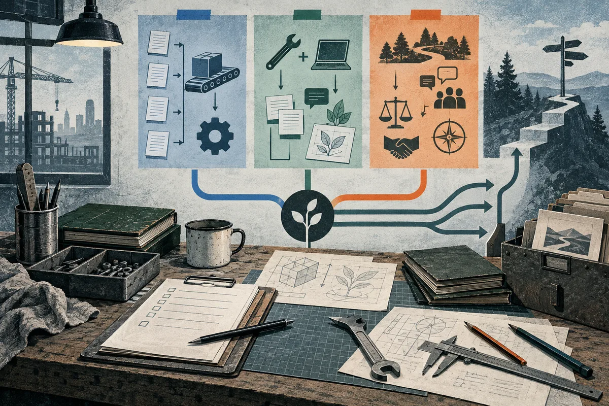 An illustrated workshop wall displays three colored panels with documents, a conveyor belt, tools, a laptop, plants, trees, scales, people, and a compass. Arrows flow from the panels toward a mountain path, above a worktable covered with notebooks, papers, drawing tools, and a mug.