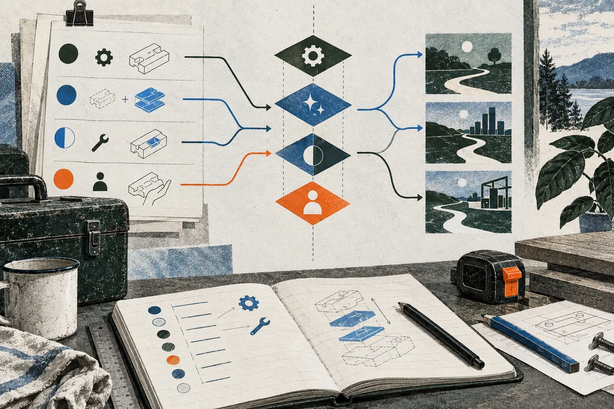 A workbench with an open notebook, tools, and a wall of colored diagrams connecting task symbols to three landscape panels.