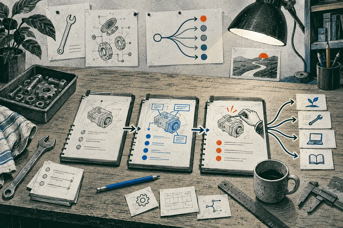 A workshop table displays three illustrated notebooks showing a mechanical component, arrows, tools, a hand, and branching icon cards.