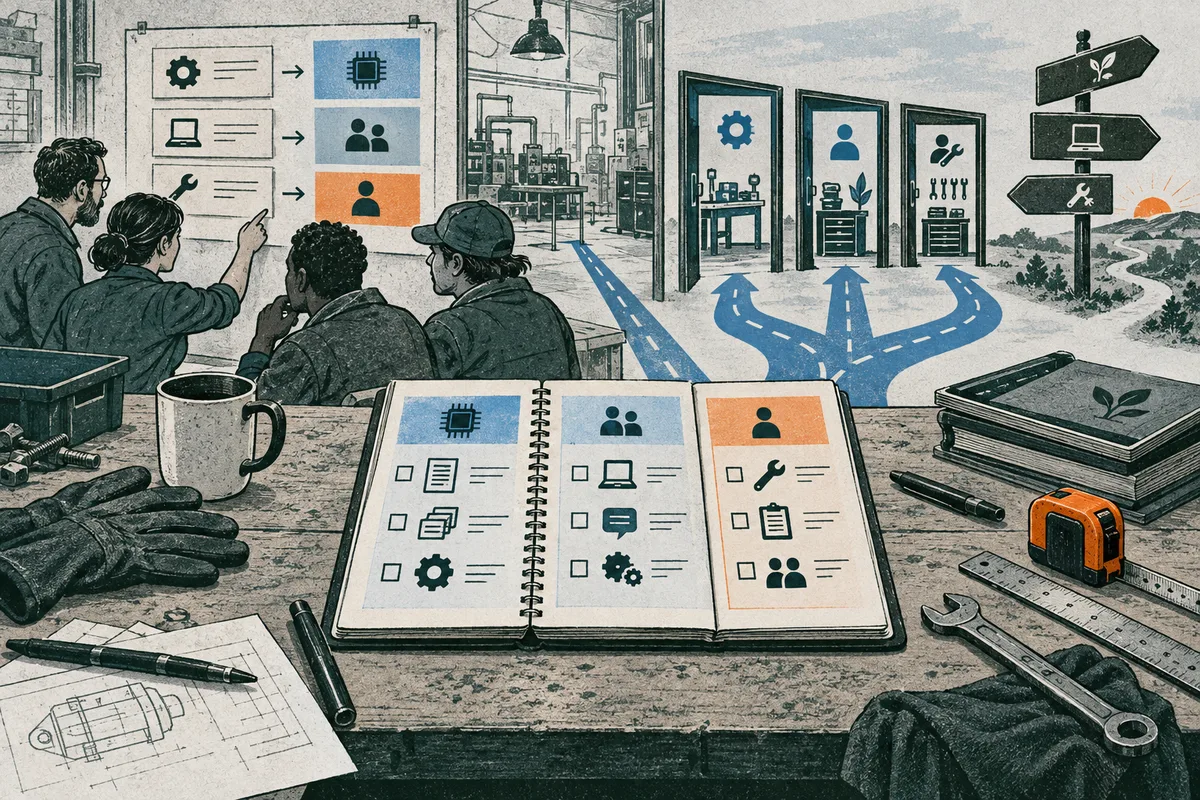 Four people sit at a workshop table beside an open icon-filled notebook, with blue paths leading toward a factory, three doorways, and signposts.
