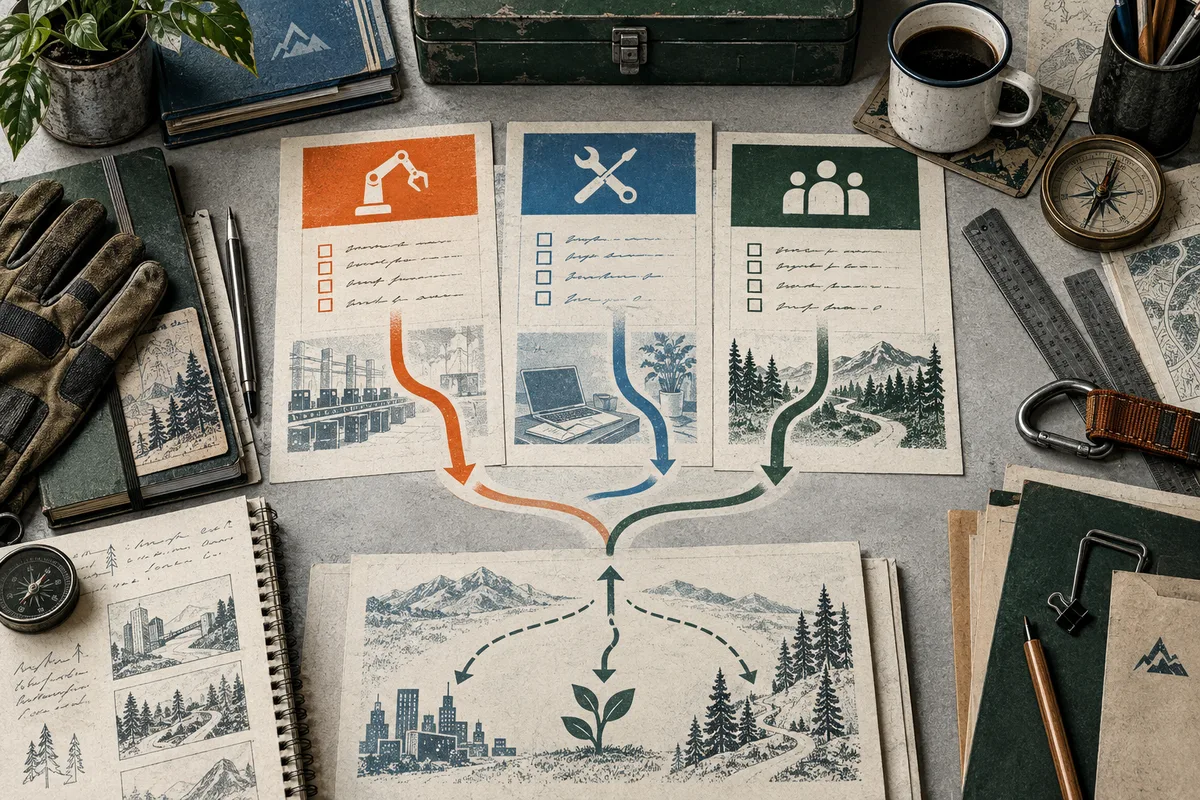 Overhead view of a workbench with three illustrated cards in orange, blue, and green, colored arrows leading to a landscape map showing a city, a sprouting plant, and a forest path, surrounded by notebooks, tools, a compass, and a cup of coffee.
