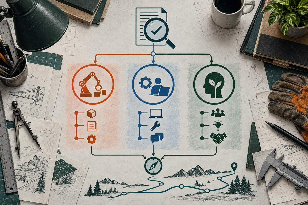 Overhead view of a paper flowchart with a document and magnifying glass above three colored circles containing symbols for a robotic arm, a person with a laptop, and a head with a leaf, leading to a winding mountain route.