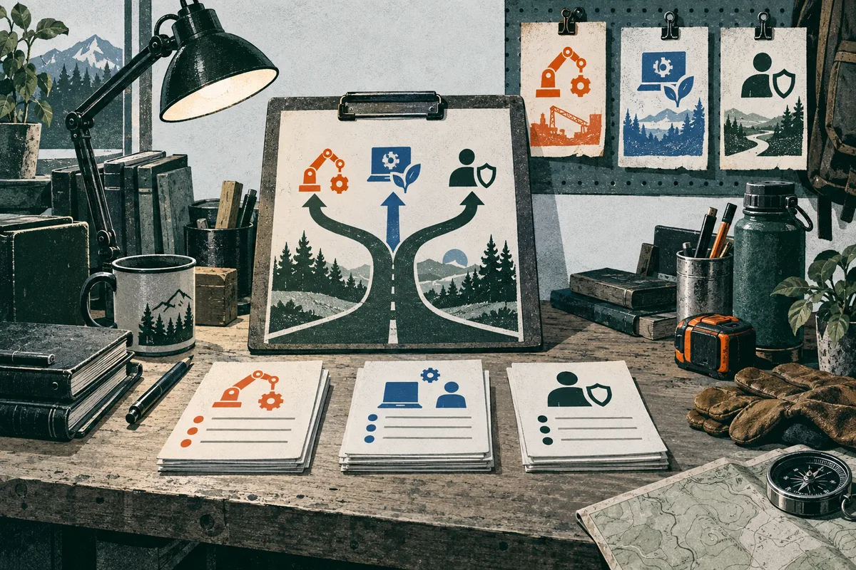 Workshop table with a clipboard showing a road splitting toward three colored symbol groups, three matching cards in the foreground, and books, a desk lamp, gloves, a compass, and a map around it.