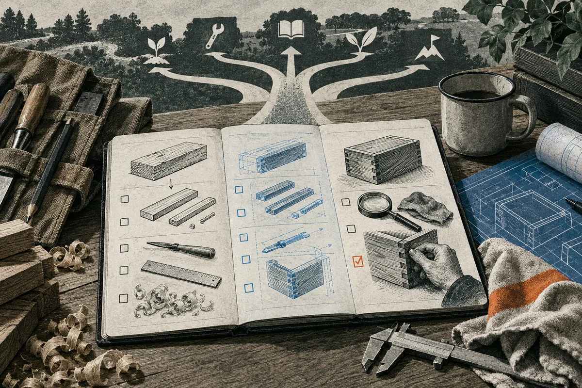 An open illustrated work journal shows wooden pieces, tools, and checklists, with branching paths and small plant, wrench, book, and flag icons above it.