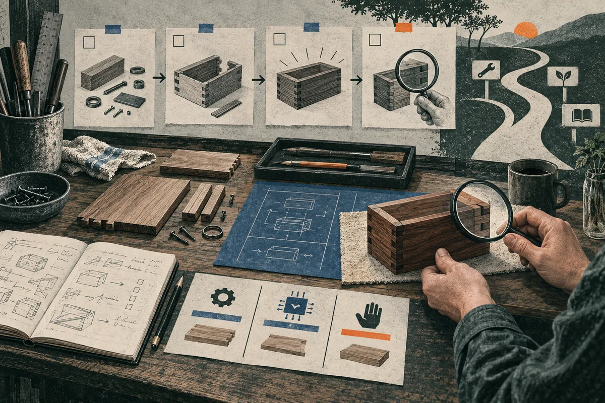 A woodworking bench displays illustrated steps for assembling and inspecting a wooden box, with a hand holding a magnifying glass beside blue plans and tools.