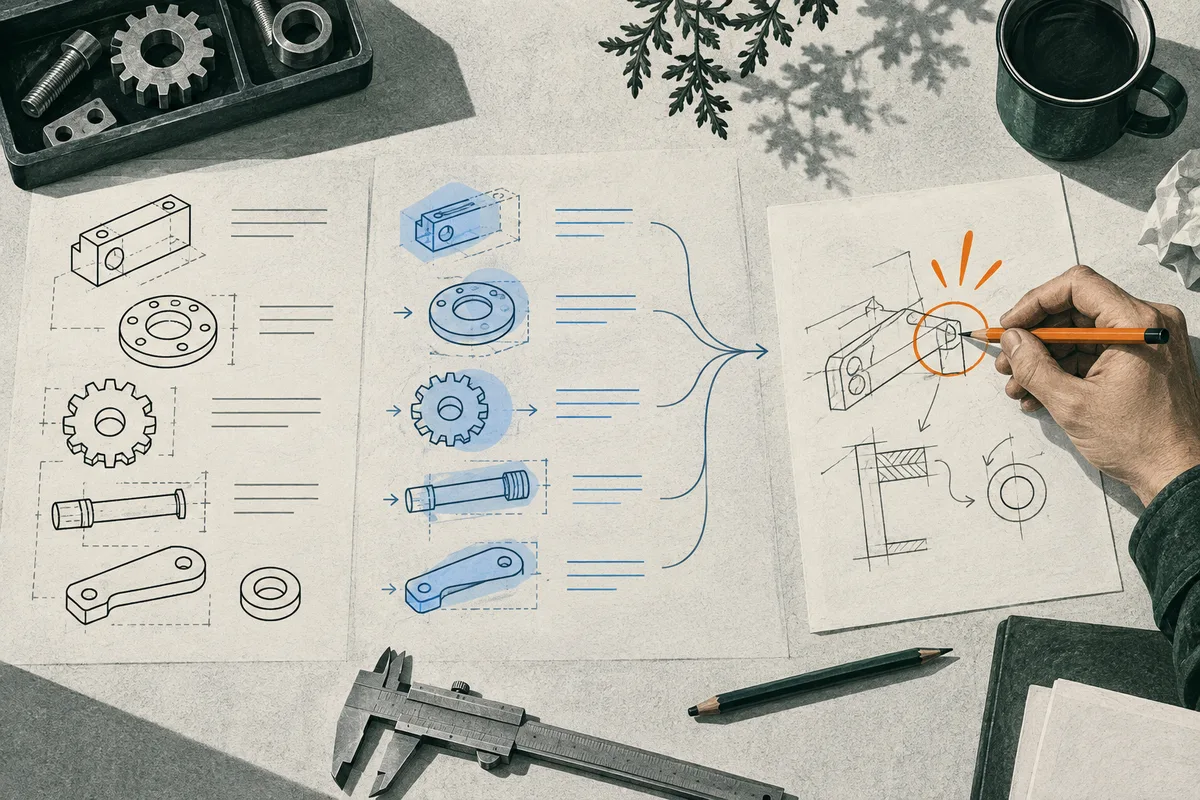 Overhead view of a workbench with mechanical part sketches, blue-highlighted drawings, connecting arrows, and a hand marking a technical sketch with an orange pencil. A caliper, pencils, a cup, and small plant branches sit around the papers.