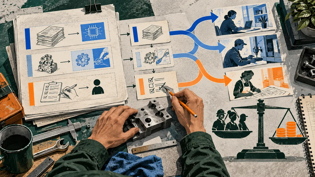 Hands handle a metal part beside task diagrams that branch toward scenes of people working at a computer, machine, and desk; a balance scale holds groups of figures and orange tokens.