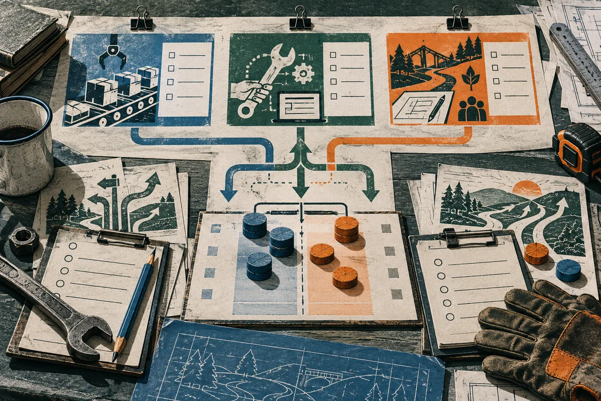 A branching diagram of illustrated work scenes and checklists leads to a board with blue and orange tokens, surrounded by tools, papers, and route sketches.