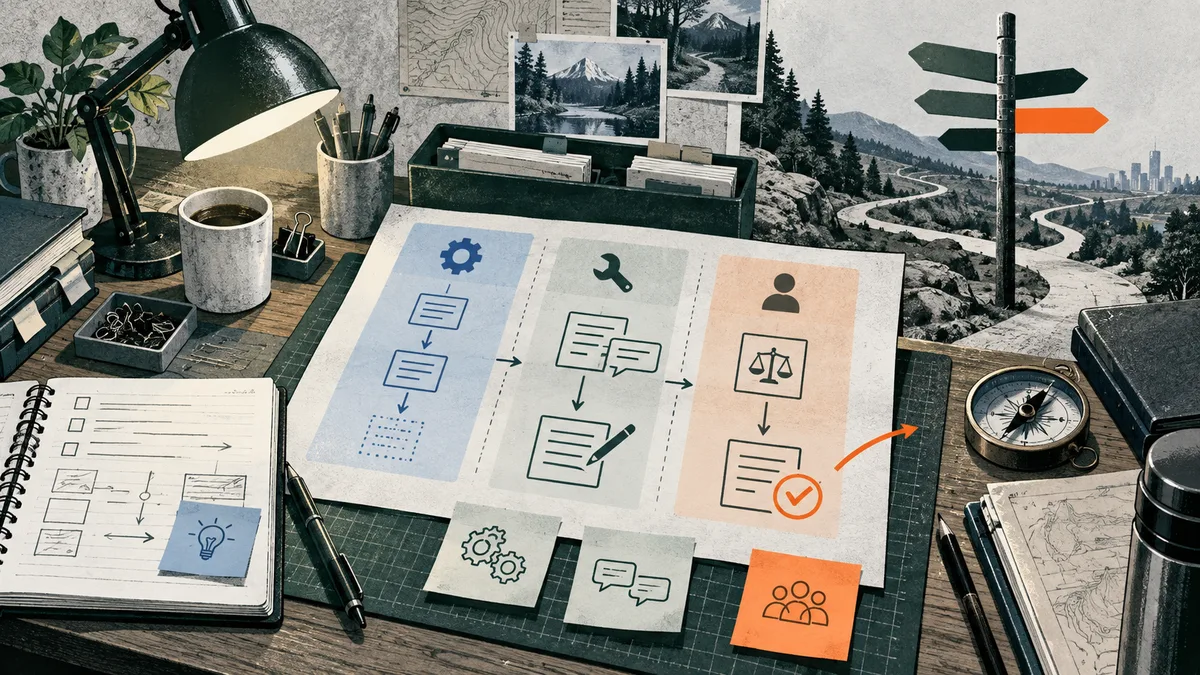 A three-part workflow diagram on a workbench shows document and gear icons, a tool and pencil, and a person icon above a checked document; papers, drafting tools, and a winding road through a mountain landscape surround it.