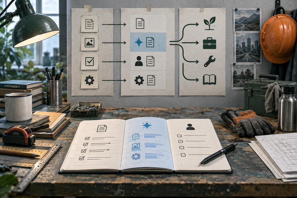 An open notebook on a workbench shows task icons and arrows leading to a plant, briefcase, wrench, and book; task-flow diagrams, a desk lamp, tools, and a hard hat fill the background.