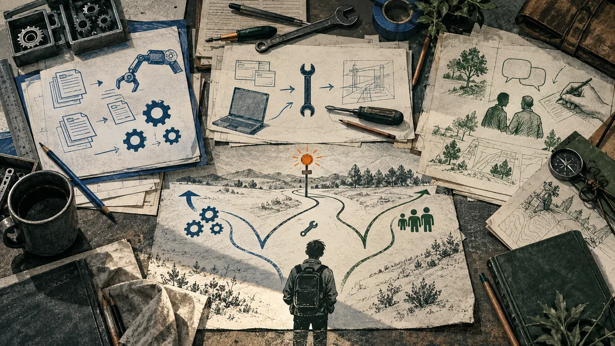 A figure with a backpack faces three branching paths on a paper map, surrounded by sketches of gears, tools, documents, and people.
