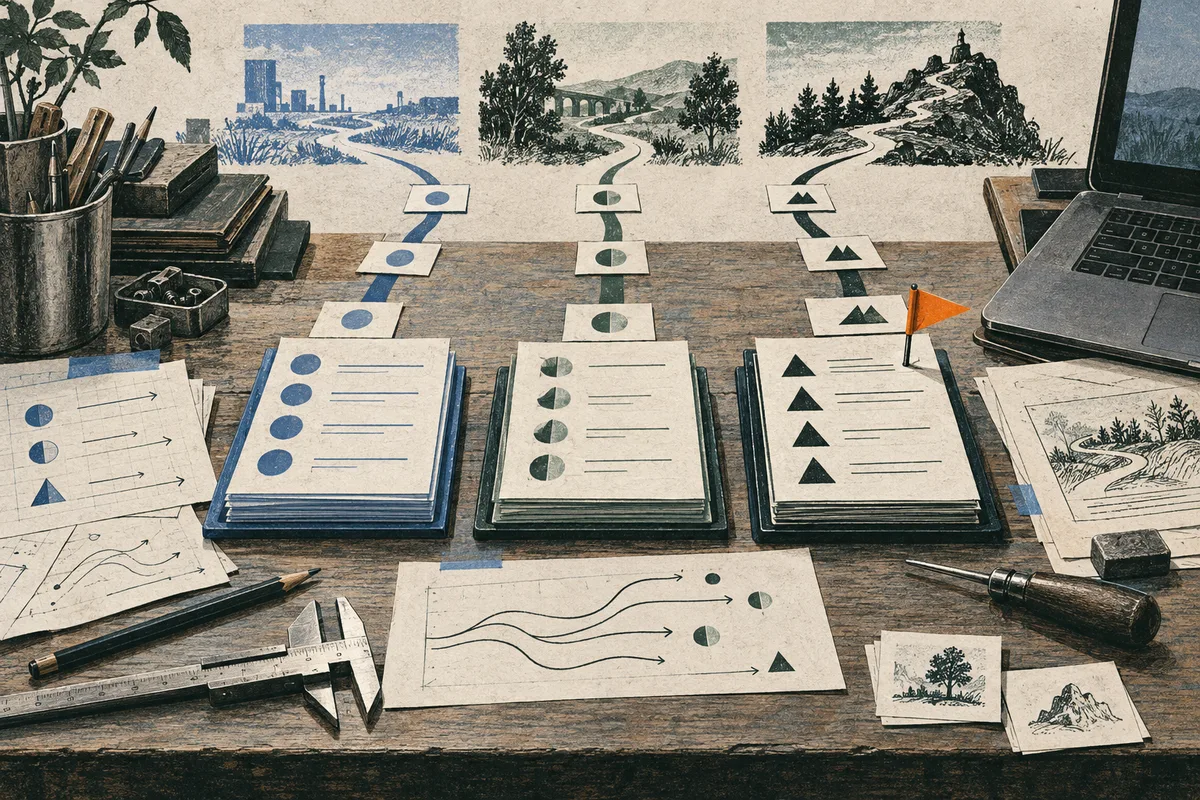 Three illustrated landscapes sit above columns of symbol-marked cards on a workbench, with branching arrows, drafting tools, and a small orange flag.