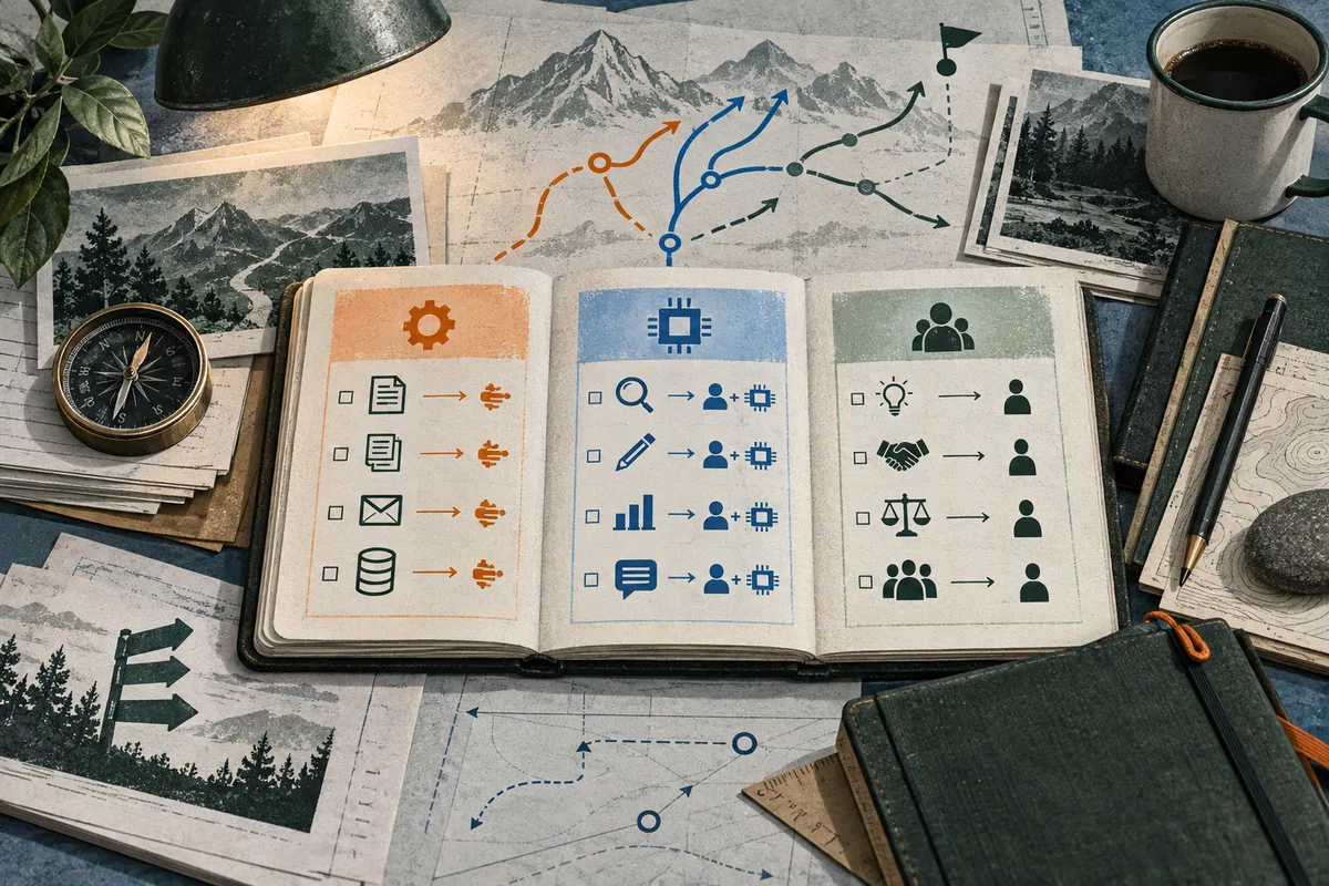 An open illustrated ledger compares orange task icons flowing to tools, blue task icons paired with people and chips, and green icons flowing to people. Branching arrows, mountain sketches, papers, a compass, and a mug surround it.
