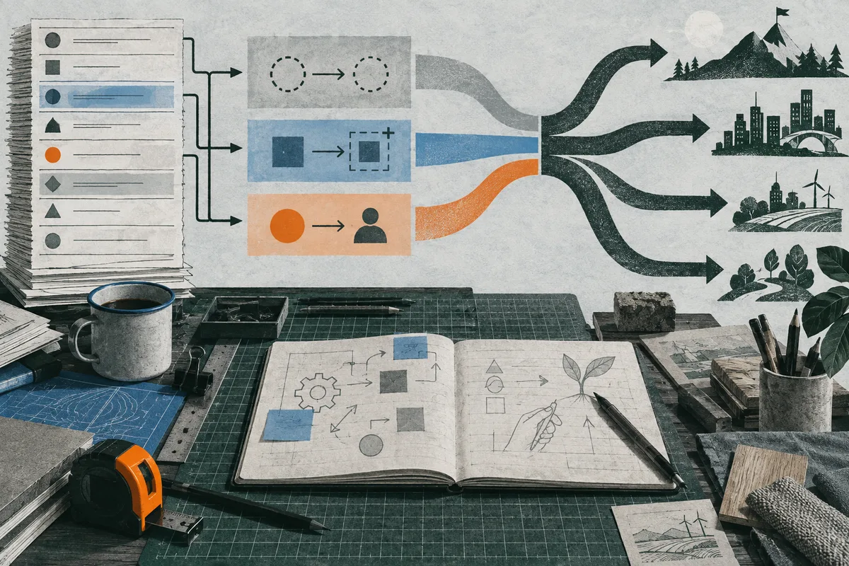 Illustrated workbench with an open notebook, stacked papers, a coffee mug, drafting tools, and colored paths branching toward mountain, city, farmland, and plant scenes.