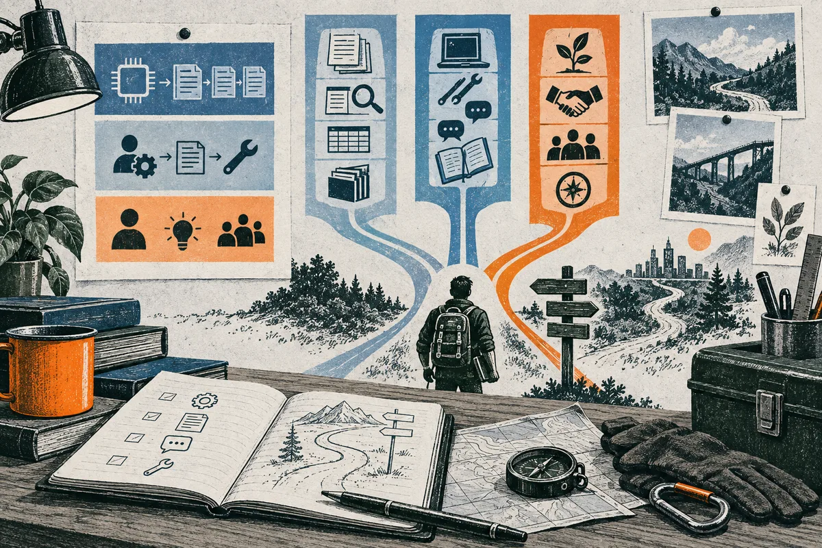 Illustrated desk with an open notebook, map, compass, gloves, tools, and a backpacked figure facing branching paths beneath panels of work and people icons.