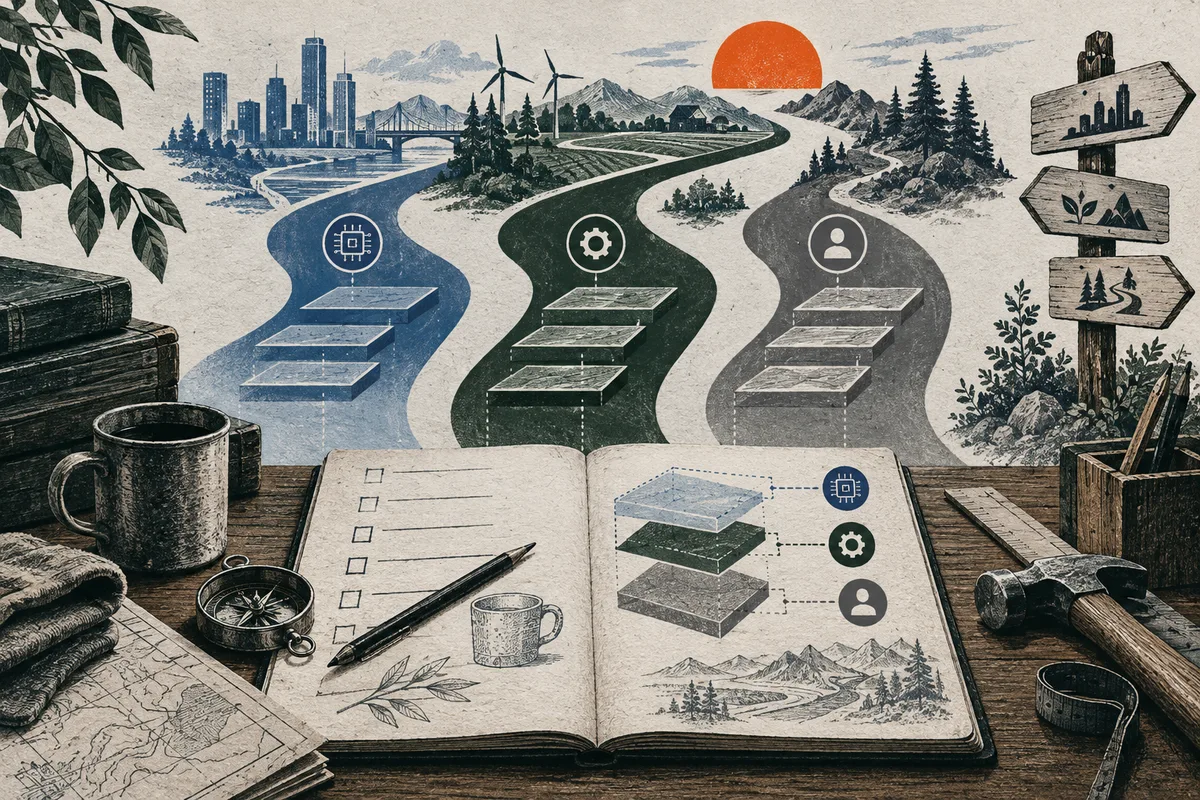 An open notebook with a layered diagram sits among a pencil, mug, compass, and hand tools. Three winding paths in blue, green, and gray lead through a landscape toward a city and mountains; each path has a different icon.
